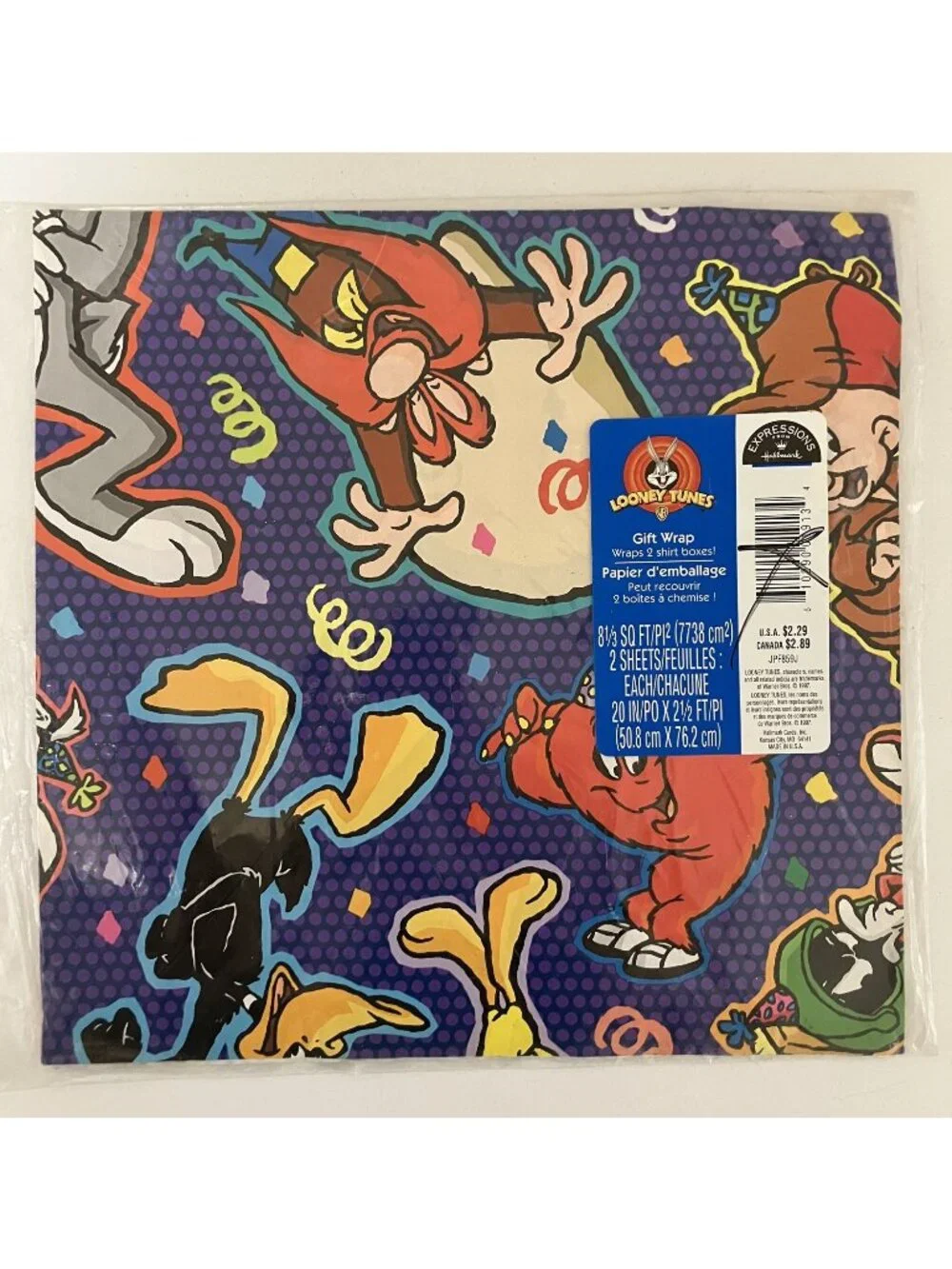 Vintage 90's Looney Tunes Gift Wrap Paper 2 Sheets Hallmark Bugs Bunny Birthday